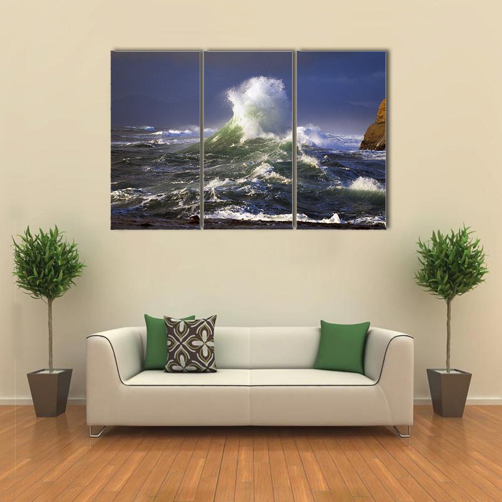Wave Crashing Distant Storm Cape Kiwanda Canvas Wall Art-3 Horizontal-Gallery Wrap-37" x 24"-Tiaracle