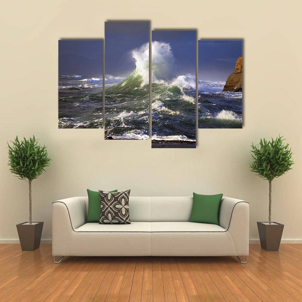 Wave Crashing Distant Storm Cape Kiwanda Canvas Wall Art-4 Pop-Gallery Wrap-50" x 32"-Tiaracle