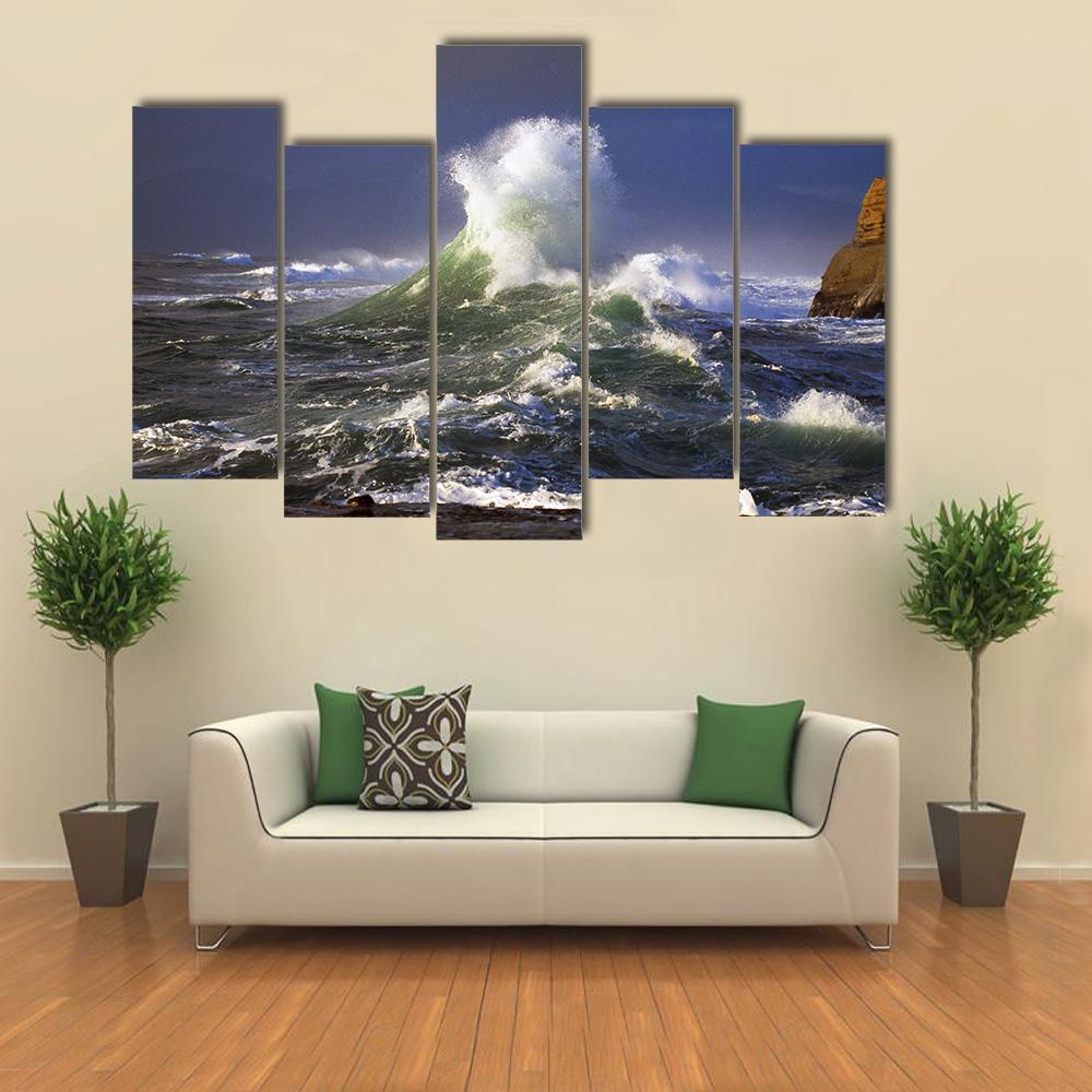 Wave Crashing Distant Storm Cape Kiwanda Canvas Wall Art-5 Pop-Gallery Wrap-47" x 32"-Tiaracle