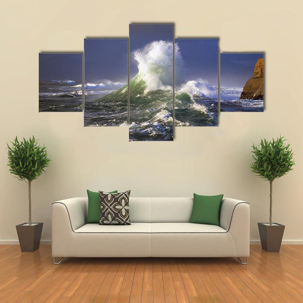 Wave Crashing Distant Storm Cape Kiwanda Canvas Wall Art-5 Star-Gallery Wrap-62" x 32"-Tiaracle