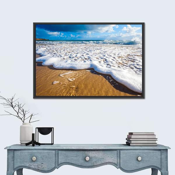 Waves Wash Over Golden Sand On Australian Beach Canvas Wall Art-1 Piece-Floating Frame-24" x 16"-Tiaracle
