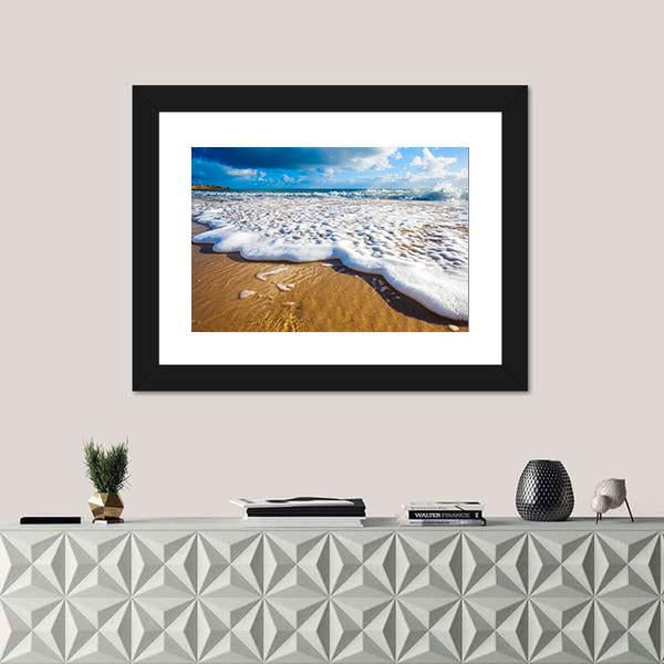 Waves Wash Over Golden Sand On Australian Beach Canvas Wall Art-1 Piece-Framed Print-20" x 16"-Tiaracle