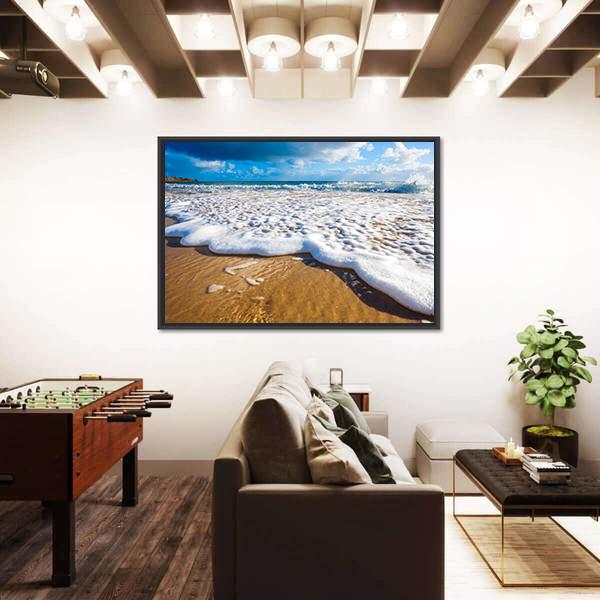 Waves Wash Over Golden Sand On Australian Beach Canvas Wall Art-3 Horizontal-Gallery Wrap-25" x 16"-Tiaracle