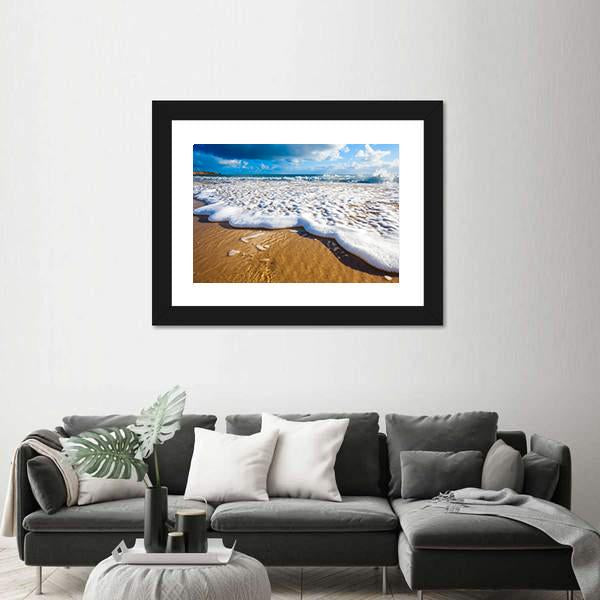 Waves Wash Over Golden Sand On Australian Beach Canvas Wall Art-3 Horizontal-Gallery Wrap-25" x 16"-Tiaracle