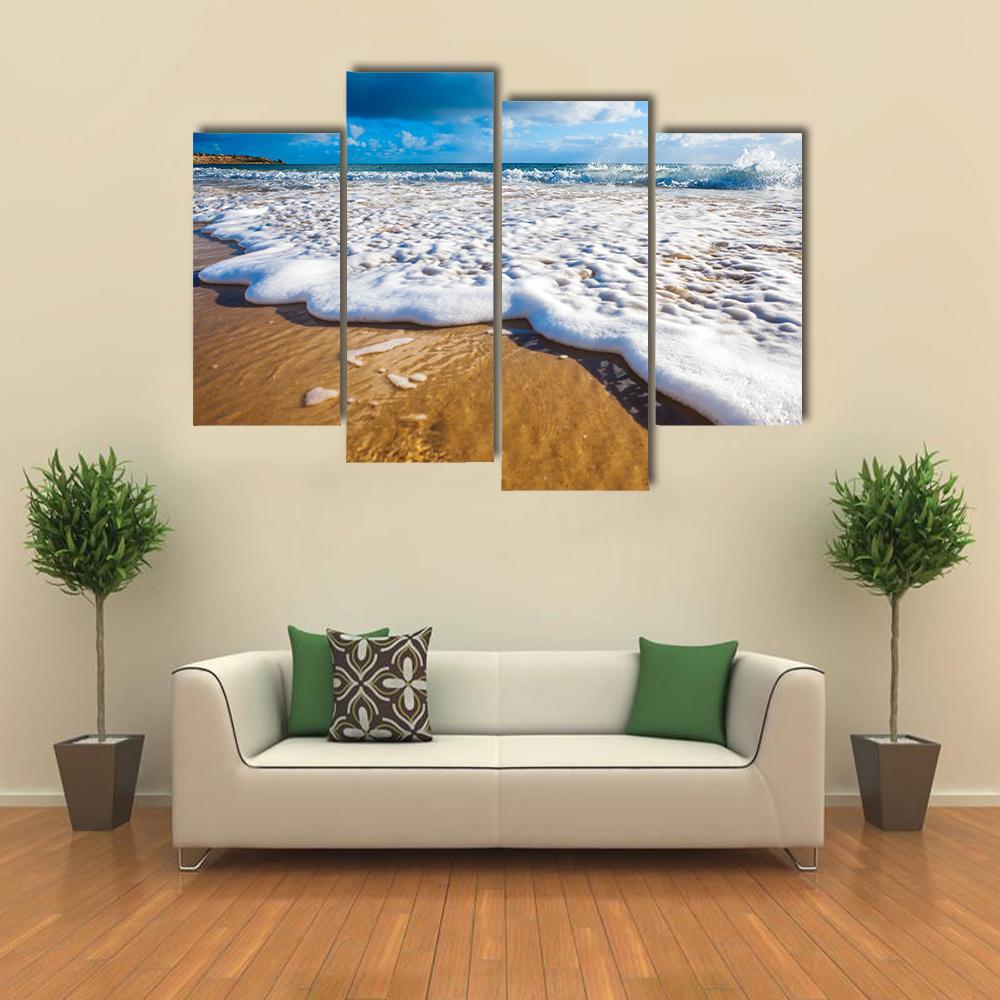 Waves Wash Over Golden Sand On Australian Beach Canvas Wall Art-4 Pop-Gallery Wrap-50" x 32"-Tiaracle