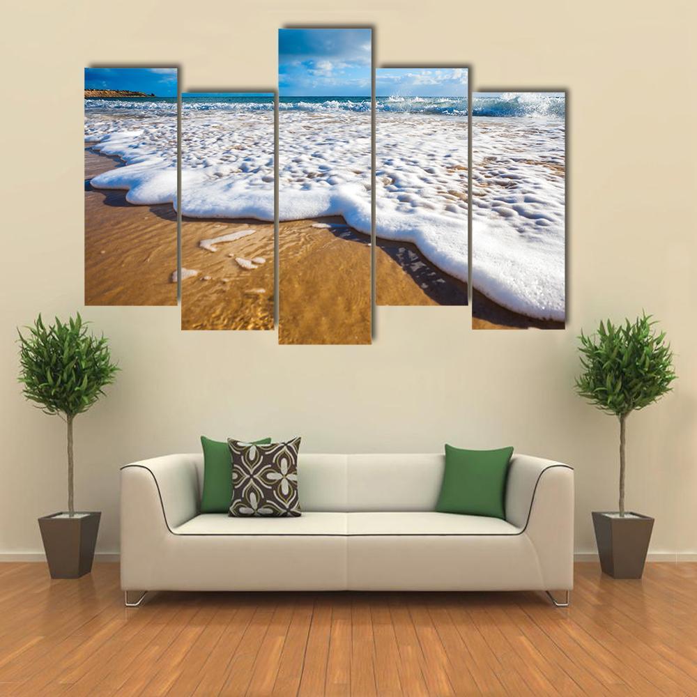 Waves Wash Over Golden Sand On Australian Beach Canvas Wall Art-5 Pop-Gallery Wrap-47&quot; x 32&quot;-Tiaracle