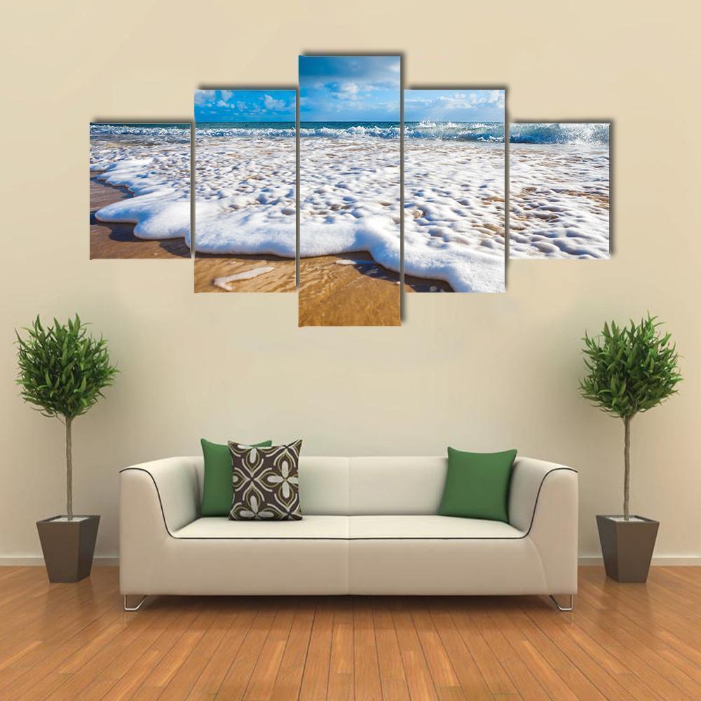 Waves Wash Over Golden Sand On Australian Beach Canvas Wall Art-5 Star-Gallery Wrap-62&quot; x 32&quot;-Tiaracle