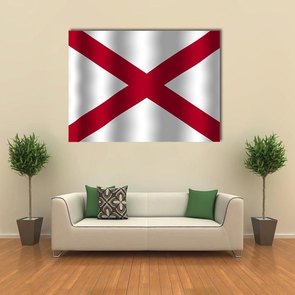 Waving Alabama Flag Canvas Wall Art in white and red, single panel hung on a wall