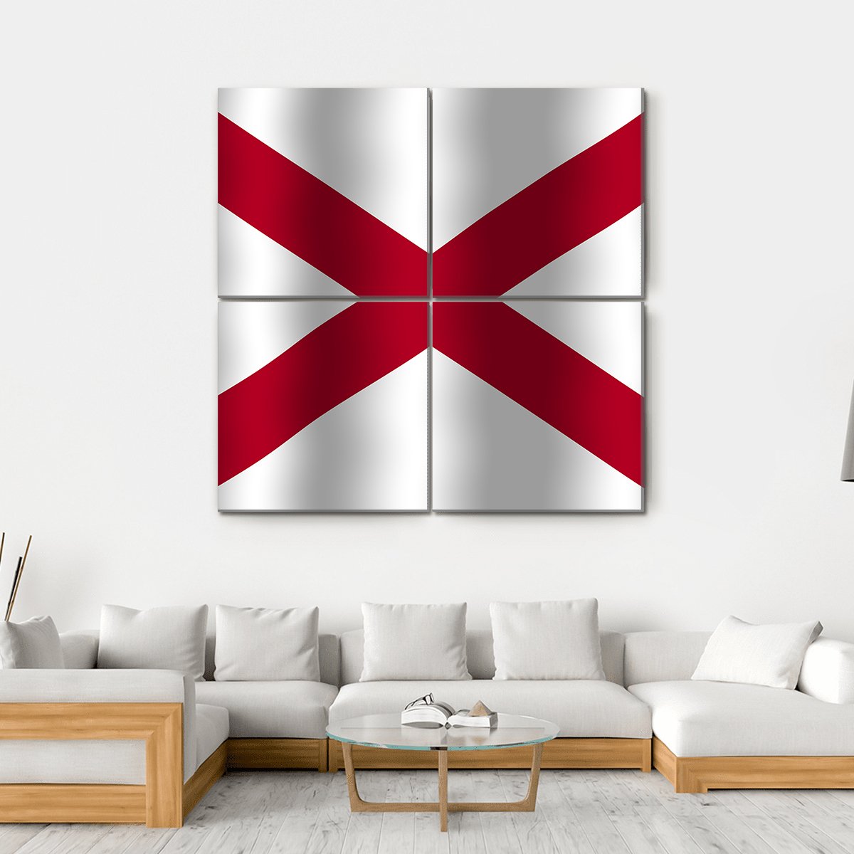 Waving Alabama State Flag Canvas Wall Art in white and red, hung on a wall