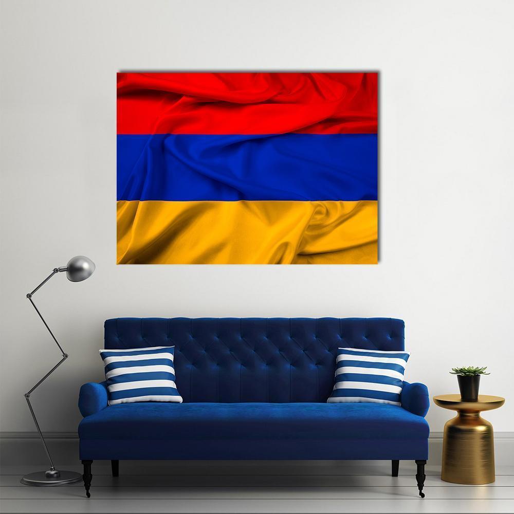 Waving Armenia Flag Canvas Wall Art in red, orange and blue, single panel hung on a wall