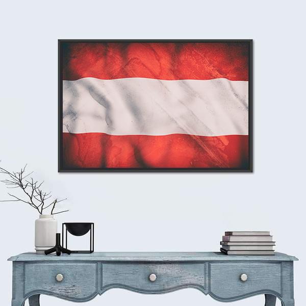 Waving Austrian Flag Canvas Wall Art in white and red, framed canvas, product view on a white background