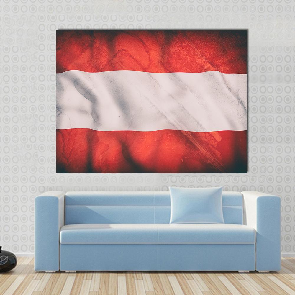 Waving Austrian Flag Canvas Wall Art in white and red, single panel hung on a wall