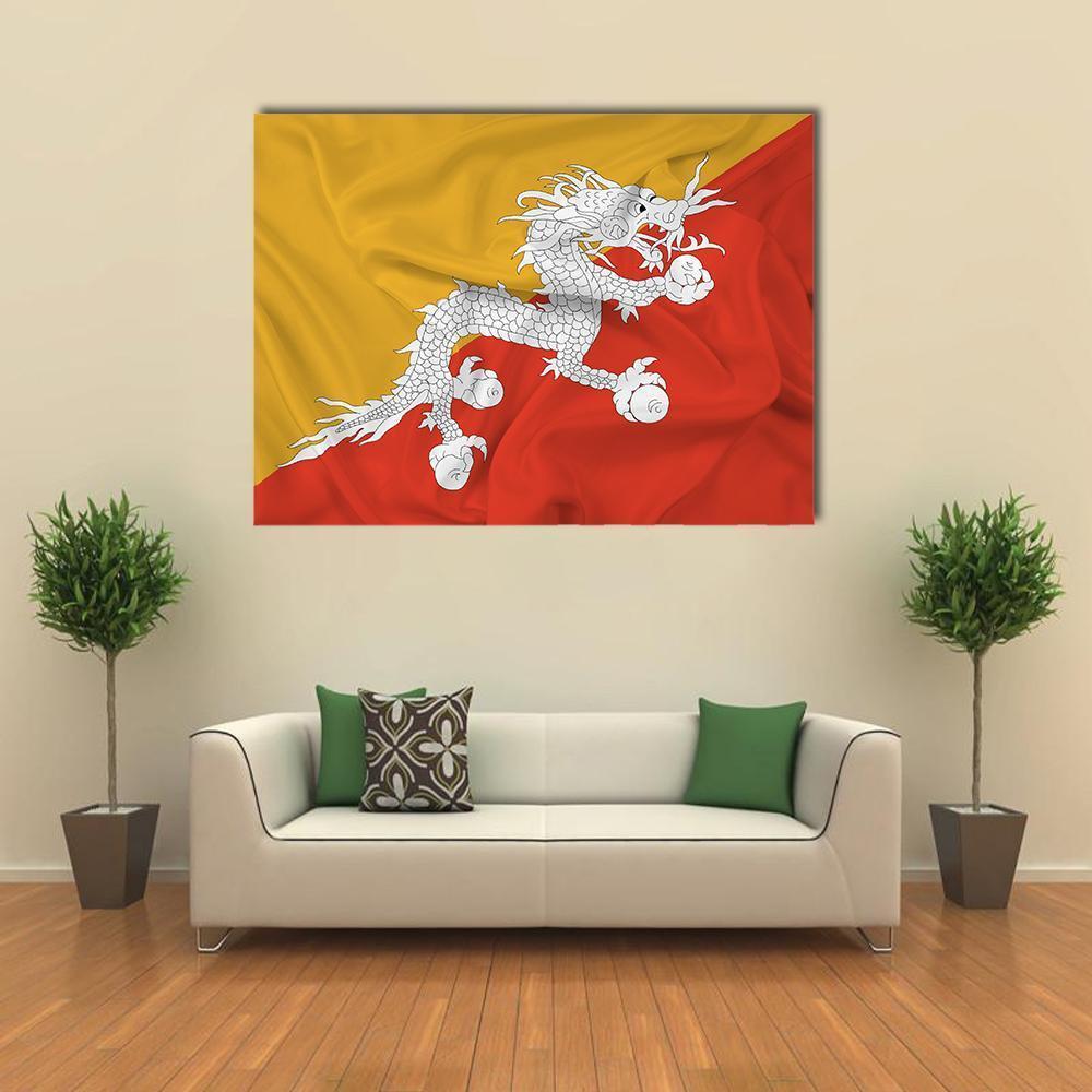 Waving Bhutan Flag with Thunder Dragon Canvas Wall Art in white, red and yellow, single panel hung on a wall