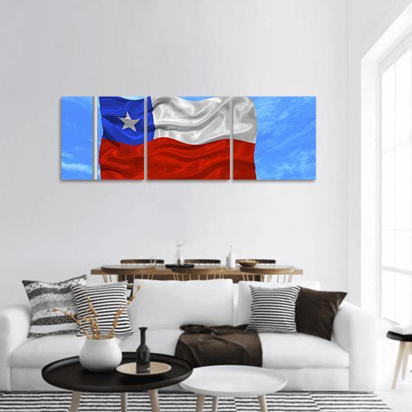 Waving Chilean Flag Panoramic Canvas Wall Art in white, red and blue, hung on a wall