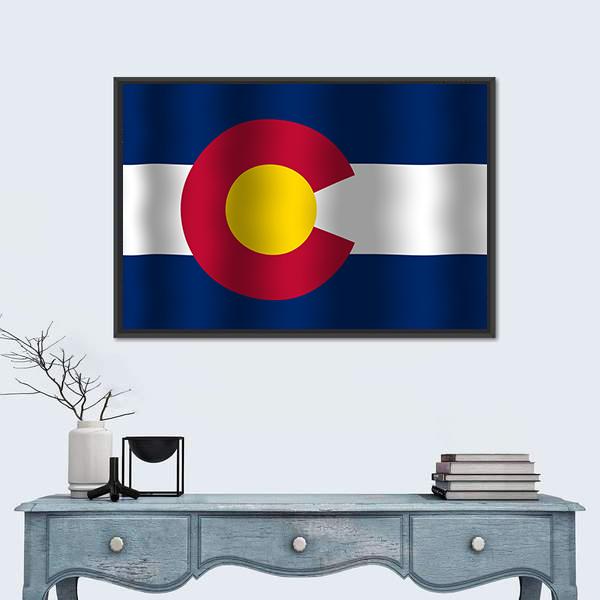 Waving Colorado State Flag Canvas Wall Art in white, red and blue, framed canvas, product view on a white background