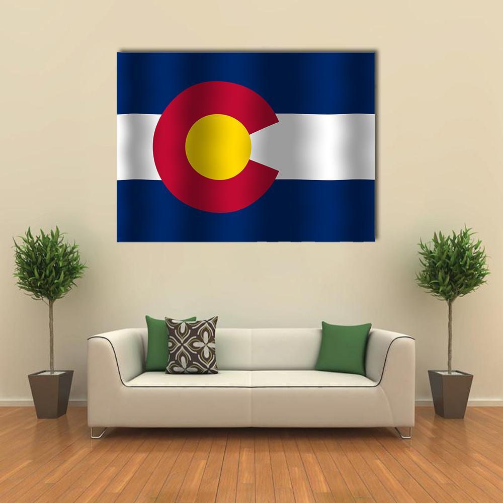Waving Colorado State Flag Canvas Wall Art in white, red and blue, single panel hung on a wall