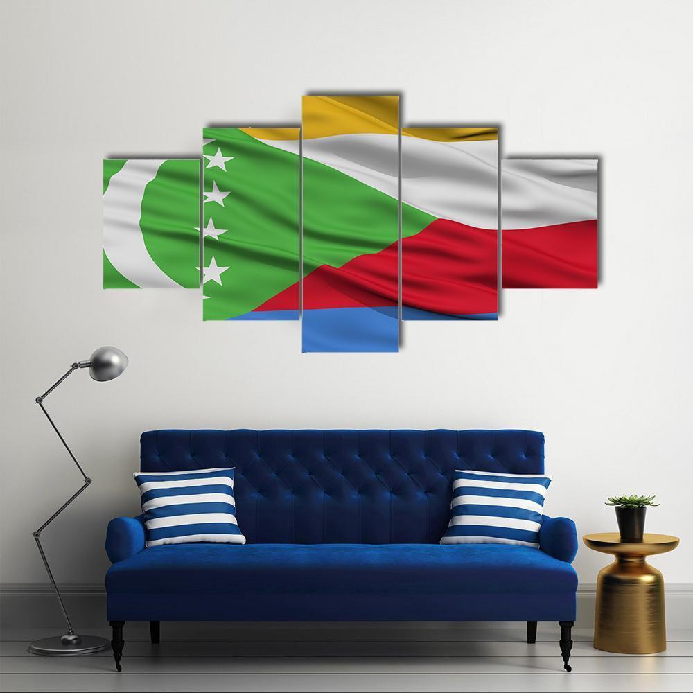 Waving Comoros Flag Canvas Wall Art-5 Star-Gallery Wrap-62" x 32"-Tiaracle