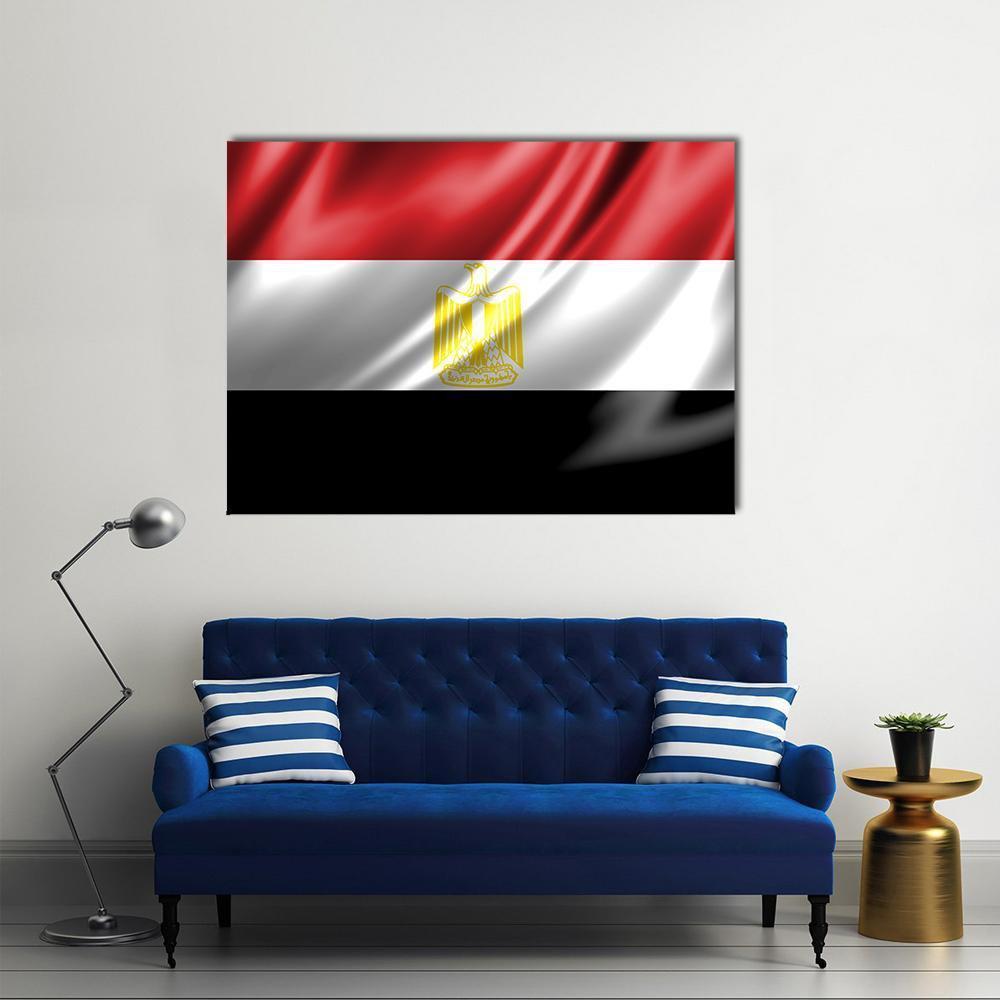 Waving Egyptian Flag with Eagle of Saladin Canvas Wall Art in black, white and red, single panel hung on a wall