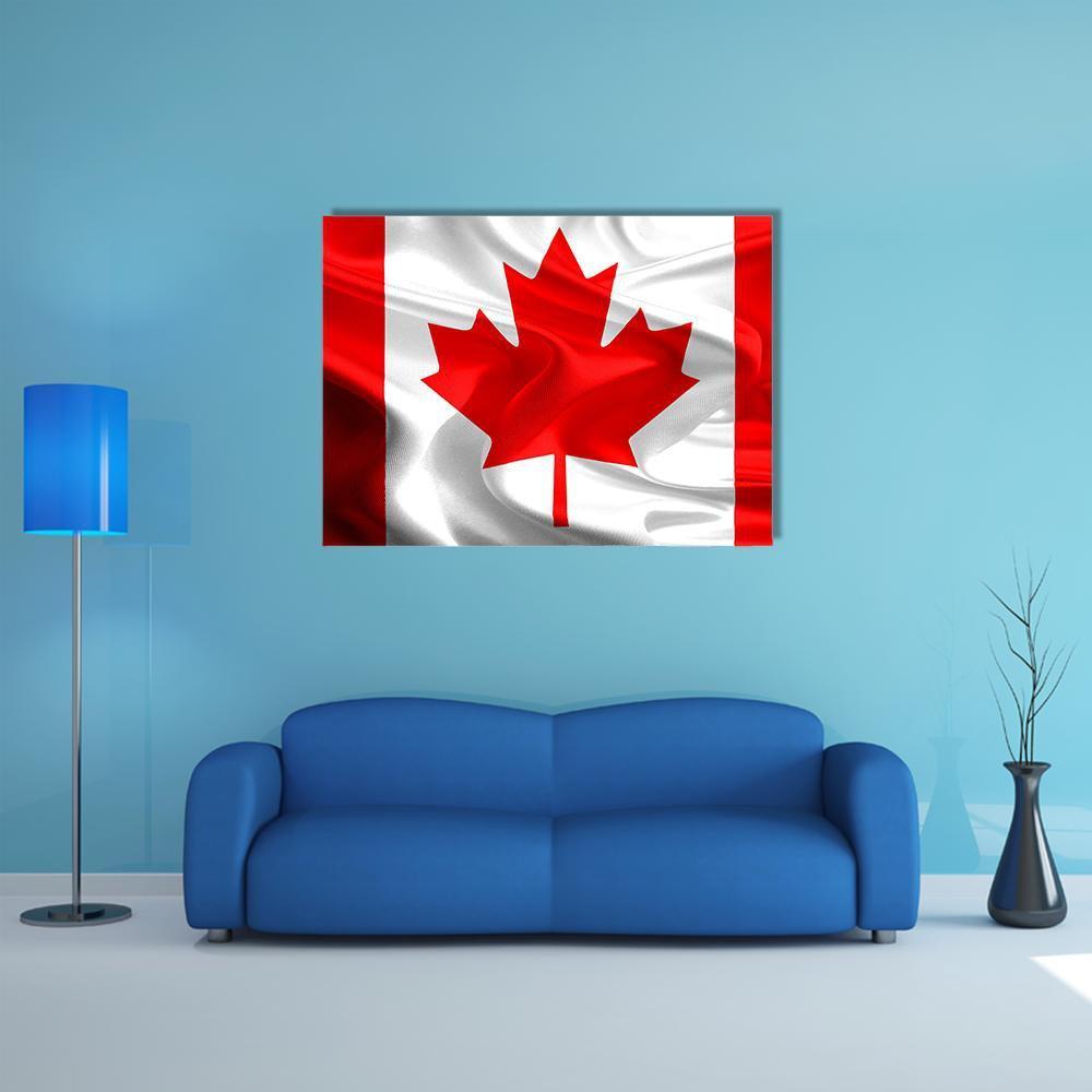Waving Canadian Flag Canvas Wall Art in white and red, single panel hung on a wall