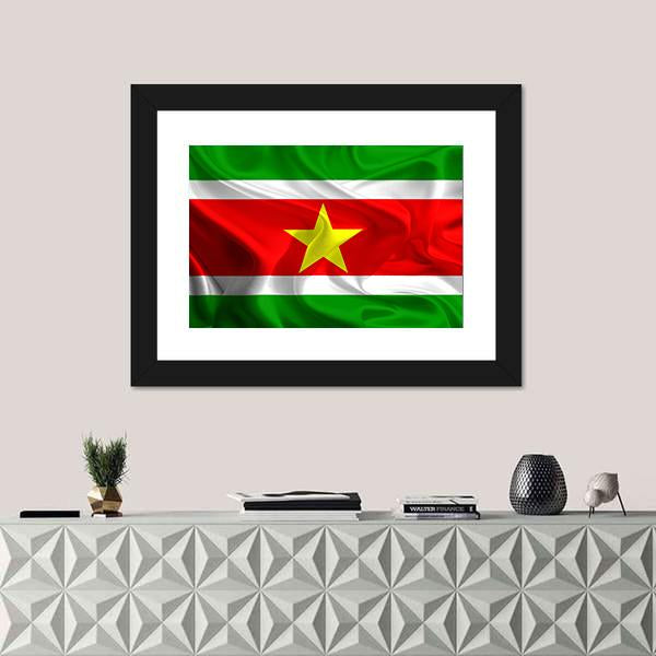 Waving Fabric Flag Of Suriname Canvas Wall Art-1 Piece-Framed Print-20" x 16"-Tiaracle