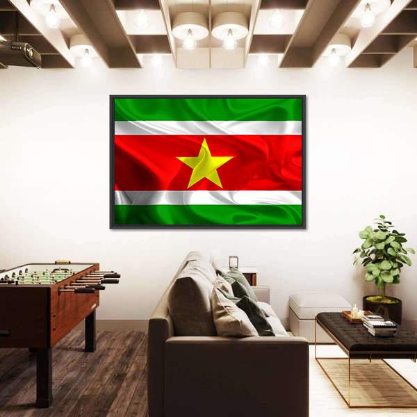 Waving Fabric Flag Of Suriname Canvas Wall Art-3 Horizontal-Gallery Wrap-25" x 16"-Tiaracle