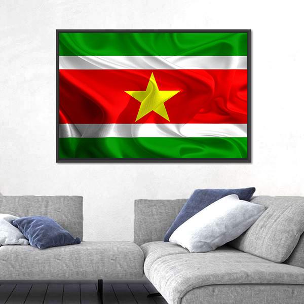 Waving Fabric Flag Of Suriname Canvas Wall Art-3 Horizontal-Gallery Wrap-25" x 16"-Tiaracle