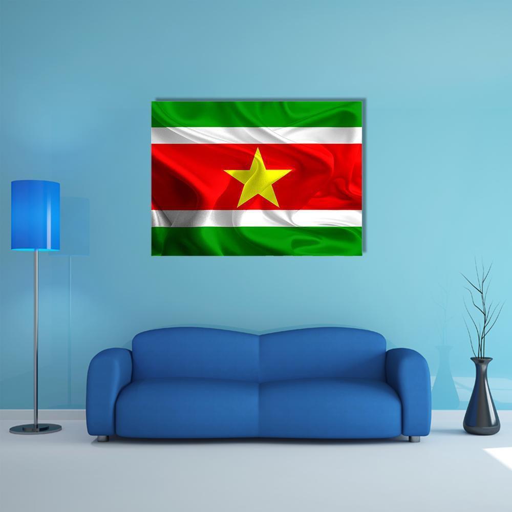 Waving Suriname Flag Canvas Wall Art in white, red and green, single panel hung on a wall