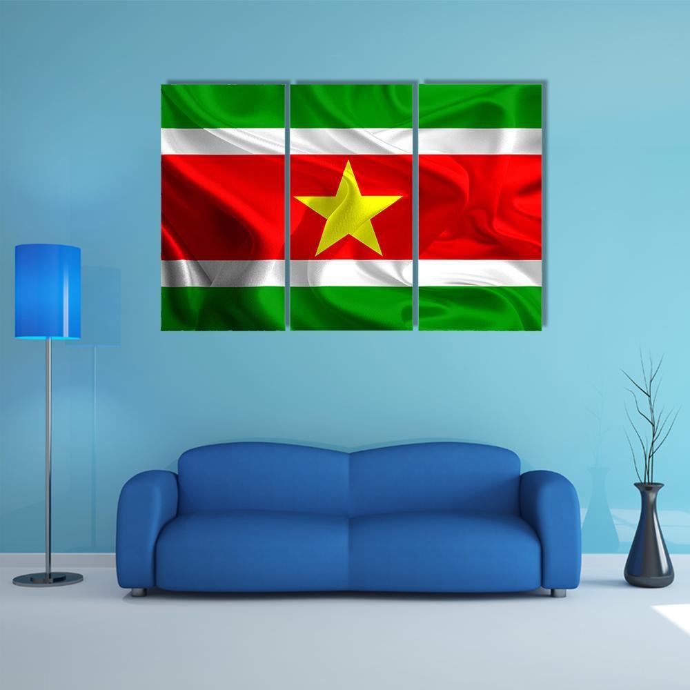 Waving Fabric Flag Of Suriname Canvas Wall Art-3 Horizontal-Gallery Wrap-37" x 24"-Tiaracle