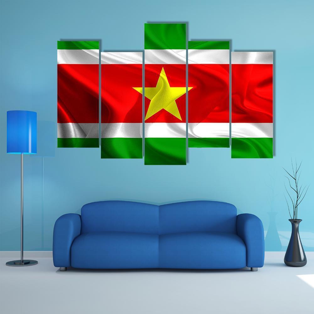 Waving Fabric Flag Of Suriname Canvas Wall Art-5 Pop-Gallery Wrap-47" x 32"-Tiaracle