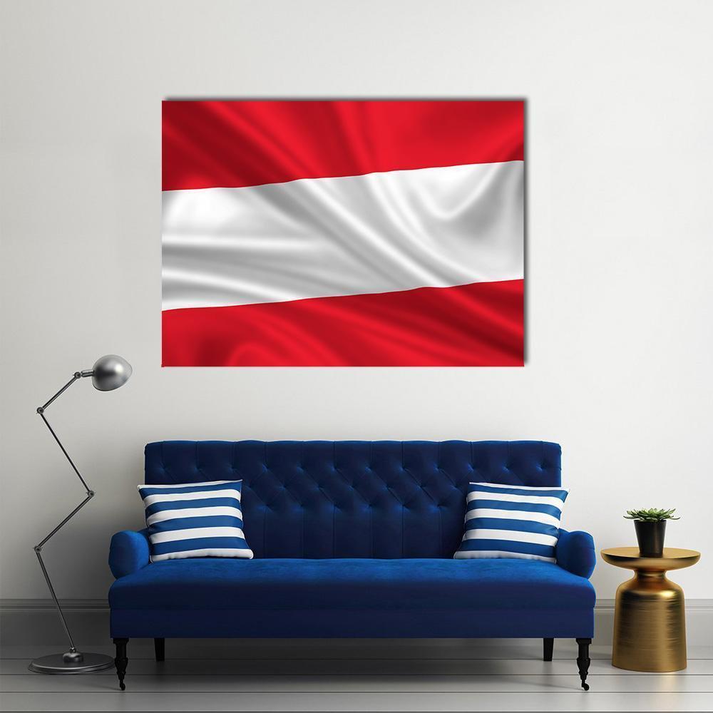 Red and White Waving Austrian Flag Canvas Wall Art in white and red, single panel hung on a wall