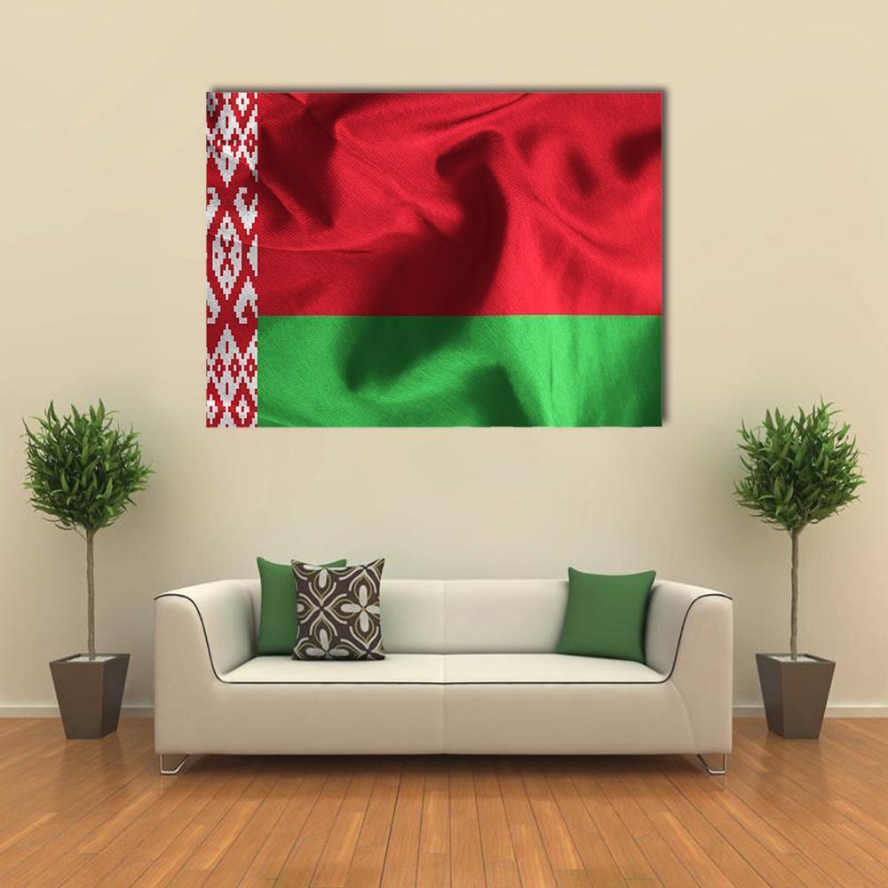 Waving Belarusian Flag Canvas Wall Art in white, red and green, single panel hung on a wall