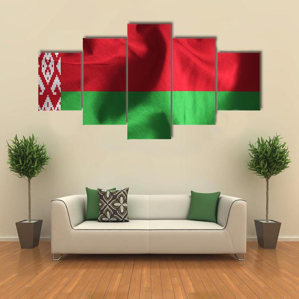 Waving Flag Of Belarus Canvas Wall Art-5 Star-Gallery Wrap-62" x 32"-Tiaracle