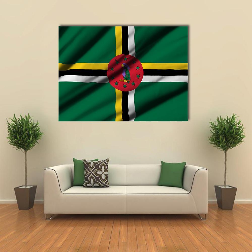 Dominica Flag with Sisserou Parrot Canvas Wall Art in black, yellow and green, single panel hung on a wall