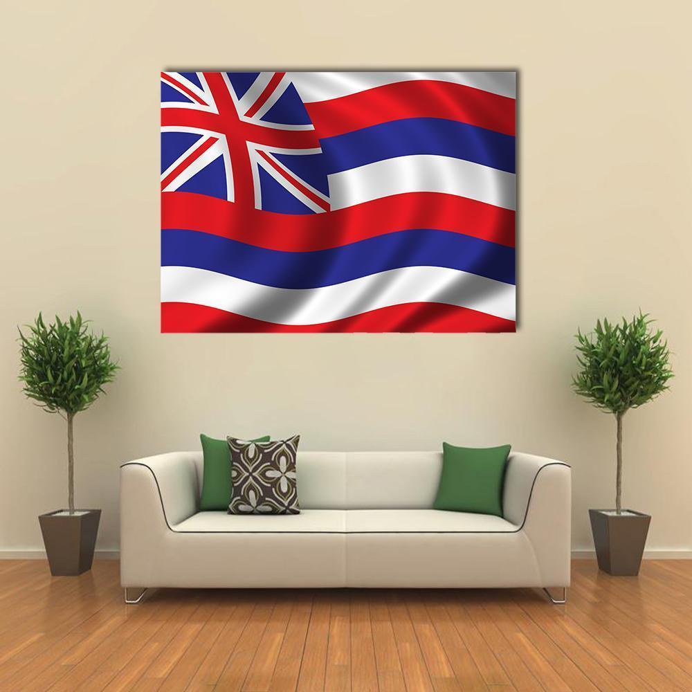Waving Hawaii State Flag Canvas Wall Art in white, red and blue, single panel hung on a wall
