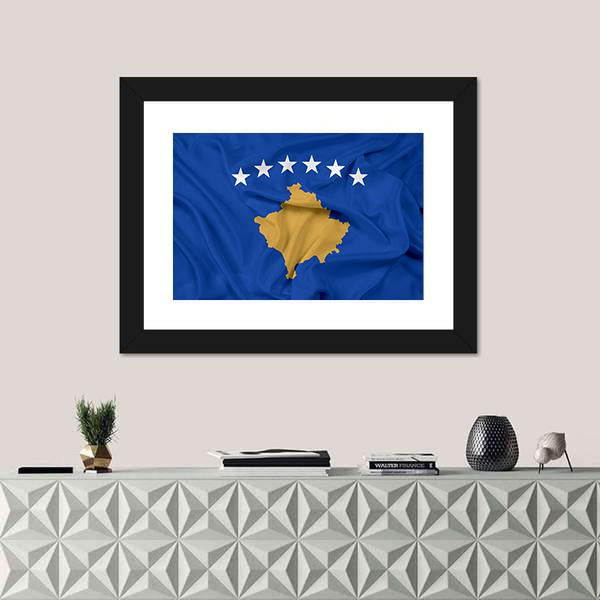 Waving Flag Of Kosovo Canvas Wall Art-1 Piece-Framed Print-20" x 16"-Tiaracle