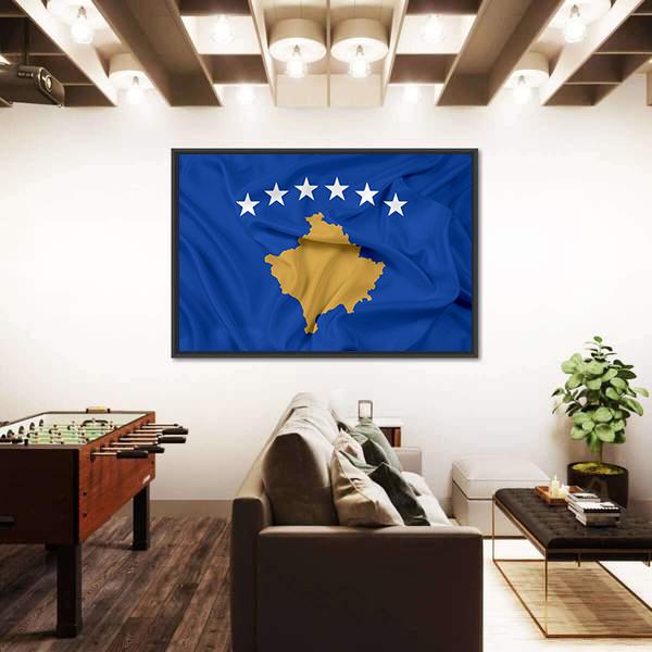 Waving Flag Of Kosovo Canvas Wall Art-3 Horizontal-Gallery Wrap-25" x 16"-Tiaracle