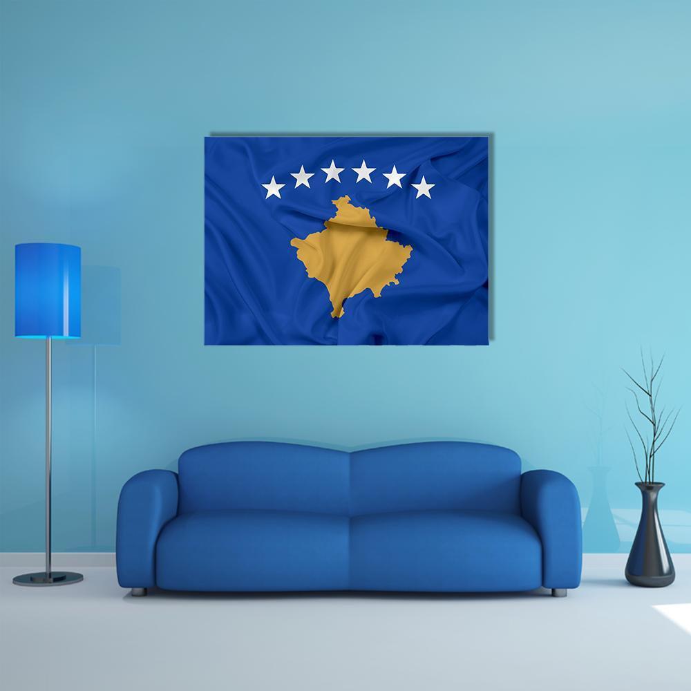 Waving Kosovo Flag Canvas Wall Art in white, gold and blue, single panel hung on a wall