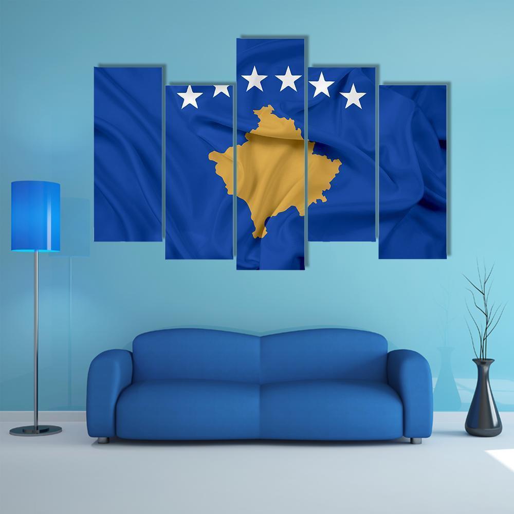 Waving Flag Of Kosovo Canvas Wall Art-5 Pop-Gallery Wrap-47" x 32"-Tiaracle
