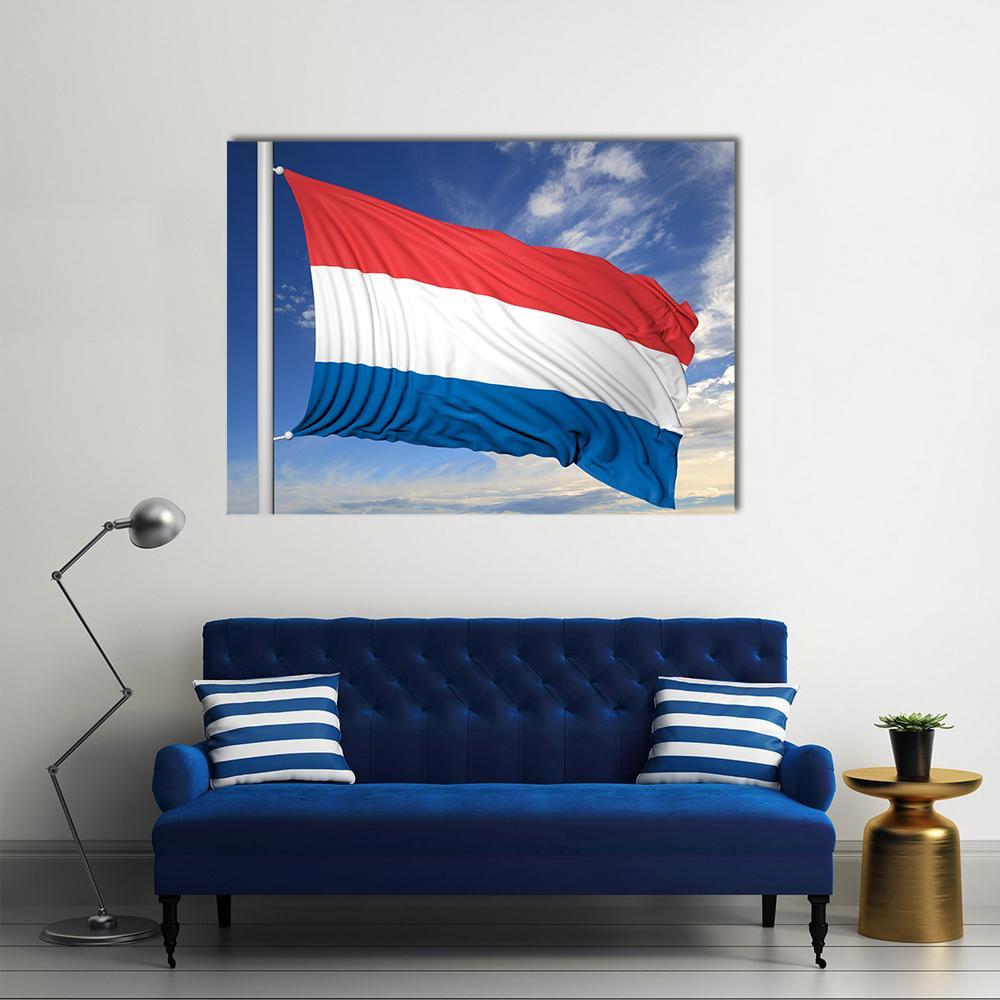 Waving Dutch Flag Canvas Wall Art in white, red and blue, single panel hung on a wall