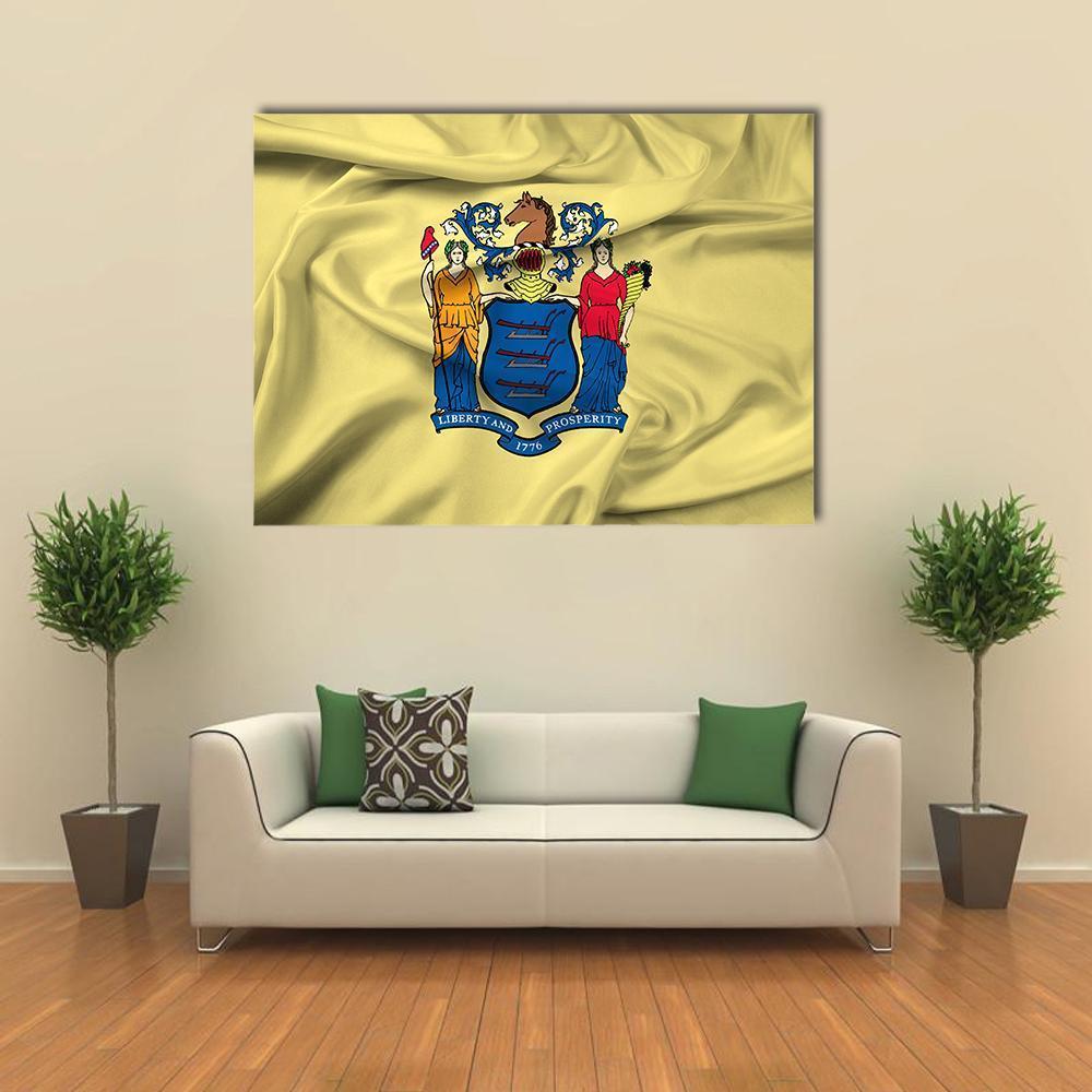Waving New Jersey State Flag Canvas Wall Art in yellow and blue, single panel hung on a wall