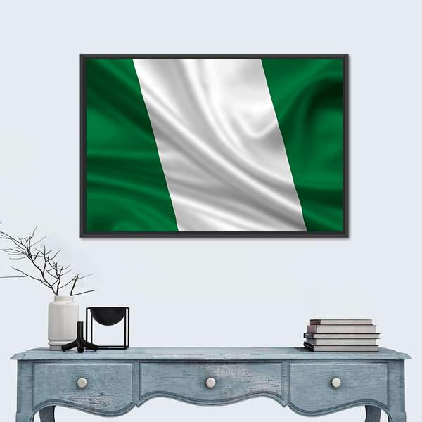 Waving Flag of Nigeria Canvas Wall Art in white and green, framed canvas, product view on a white background