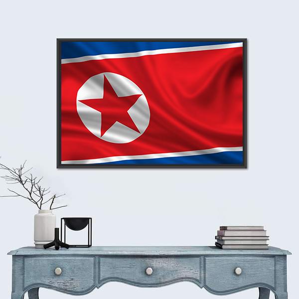 Waving Flag Of North Korea Canvas Wall Art-1 Piece-Floating Frame-24" x 16"-Tiaracle