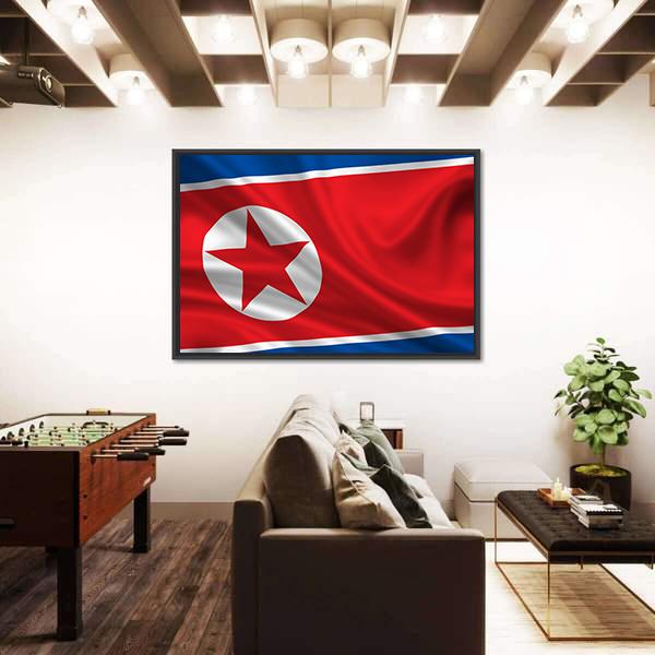 Waving Flag Of North Korea Canvas Wall Art-3 Horizontal-Gallery Wrap-25" x 16"-Tiaracle