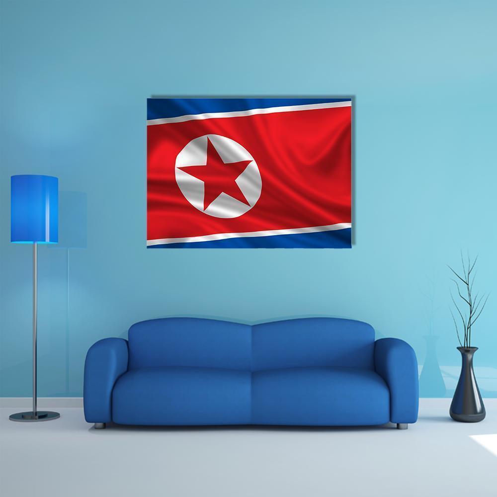 Waving North Korean Flag Canvas Wall Art in white, red and blue, single panel hung on a wall