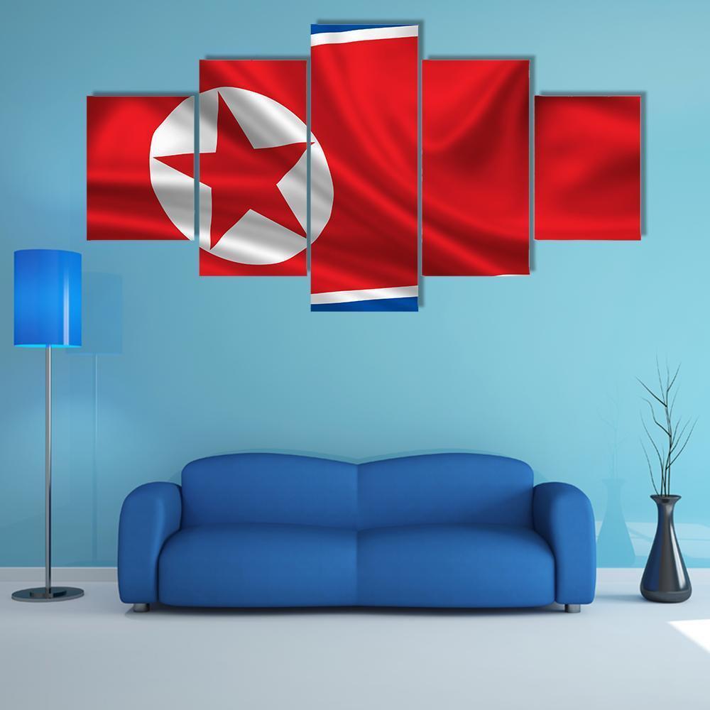 Waving Flag Of North Korea Canvas Wall Art-5 Star-Gallery Wrap-62" x 32"-Tiaracle