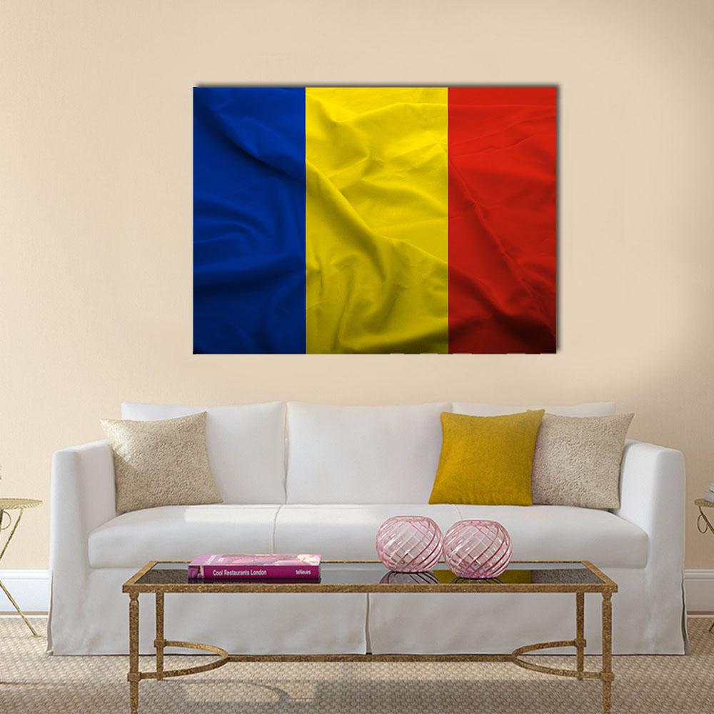 Waving Flag of Romania Canvas Wall Art in red, yellow and blue, single panel hung on a wall