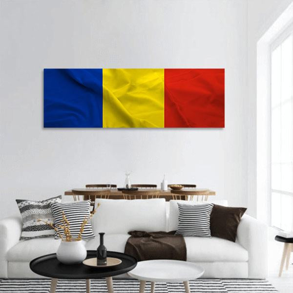 Waving Flag Of Romania Panoramic Canvas Wall Art-3 Piece-25" x 08"-Tiaracle