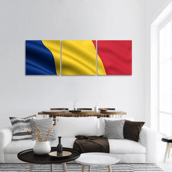 Waving Romanian Flag Panoramic Canvas Wall Art in red, yellow and blue, hung on a wall
