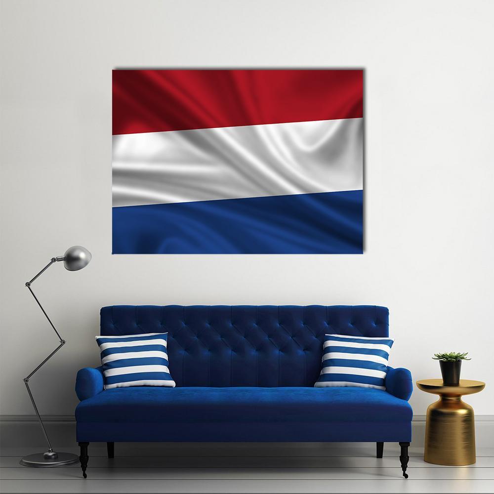 Waving Dutch Flag with Rippling Texture Canvas Wall Art in white, red and blue, single panel hung on a wall