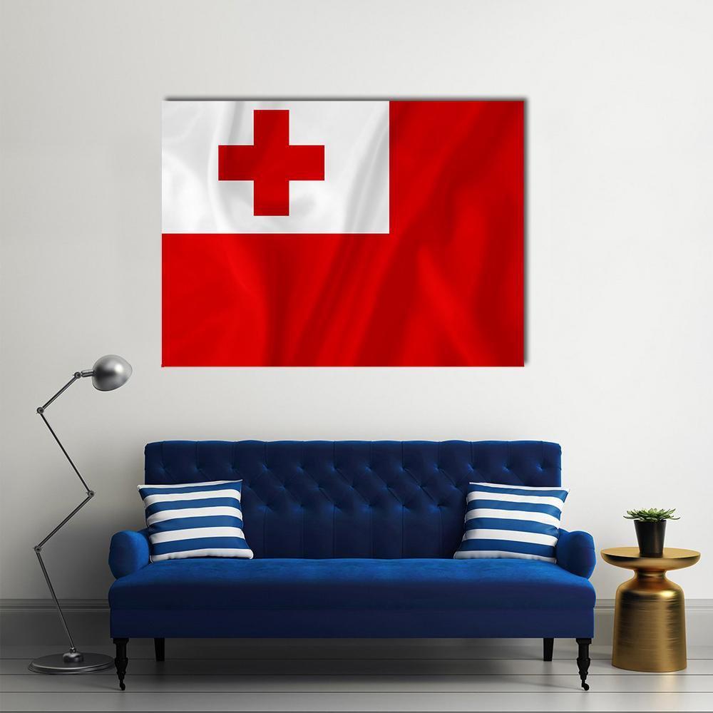 Waving Tonga Flag Canvas Wall Art in white and red, single panel hung on a wall